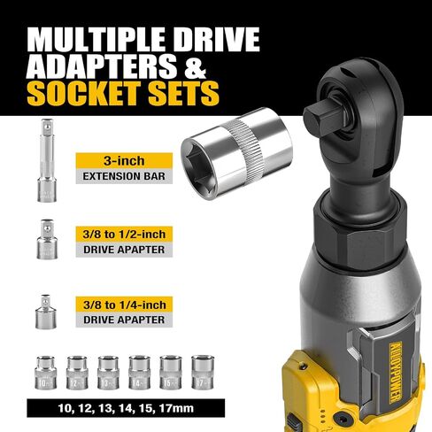 Cordless Ratchet Wrench, 3/8" 16V Brushless 65 ft-lbs, 2 Batteries | Drop-resistant alloy body,6 sockets (10-17mm), 1/4" & 1/2" adapters, 3" extension bar, fast charger, built-in LED, 0-400 RPM in Saudi Arabia
