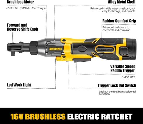 Cordless Ratchet Wrench, 3/8" 16V Brushless 65 ft-lbs, 2 Batteries | Drop-resistant alloy body,6 sockets (10-17mm), 1/4" & 1/2" adapters, 3" extension bar, fast charger, built-in LED, 0-400 RPM in Saudi Arabia