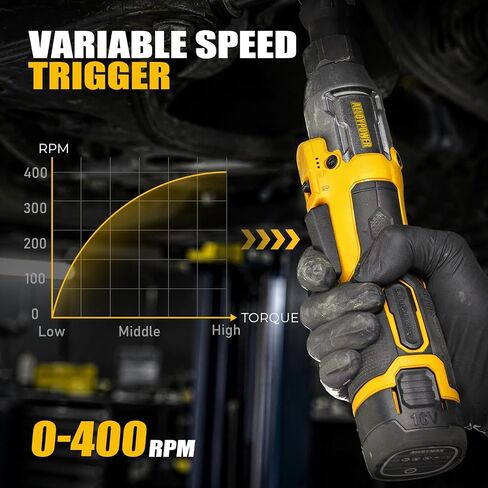 Cordless Ratchet Wrench, 3/8" 16V Brushless 65 ft-lbs, 2 Batteries | Drop-resistant alloy body,6 sockets (10-17mm), 1/4" & 1/2" adapters, 3" extension bar, fast charger, built-in LED, 0-400 RPM in Saudi Arabia