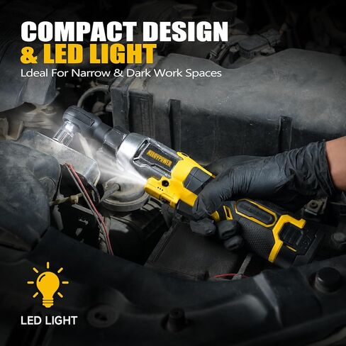 Cordless Ratchet Wrench, 3/8" 16V Brushless 65 ft-lbs, 2 Batteries | Drop-resistant alloy body,6 sockets (10-17mm), 1/4" & 1/2" adapters, 3" extension bar, fast charger, built-in LED, 0-400 RPM in Saudi Arabia