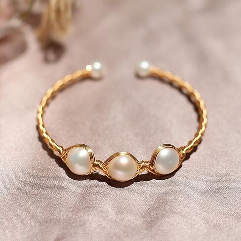 Pearl Bangle for Women, Freshwater Cultured Pearl Open Cuff Wrap Bangle Bracelets Jewelry Gifts for Wife Mom in Kuwait