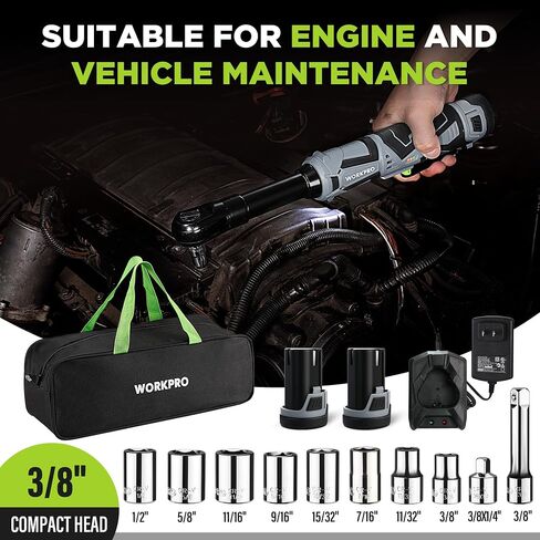 WORKPRO 12V 40 Ft-lbs Power Ratchet Wrench Kit with 10-Piece Socket Accessory Set, 1-Hour Fast Charger, 2.0Ah Lithium-Ion Batteries | 40 Ft-lbs, 10-Piece Socket Accessory Set, 1-Hour Fast Charger, 2.0Ah Lithium-Ion Batteries in Kuwait