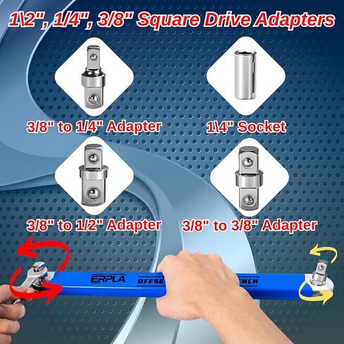 Offset Extension Wrench Set, 15.4" Chain Driven 0° Degree Ratchet Tool, Impact Ready Socket Wrench Extender with 1/4" 3/8"1/2" Adapters, High Torque Tight Reach Tool for Car Repair & Engine Work in Kuwait