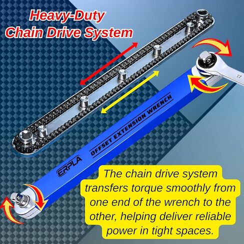 Offset Extension Wrench Set, 15.4" Chain Driven 0° Degree Ratchet Tool, Impact Ready Socket Wrench Extender with 1/4" 3/8"1/2" Adapters, High Torque Tight Reach Tool for Car Repair & Engine Work in Kuwait