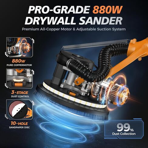 MAKELIFT Drywall Sander with Vacuum Dust Collector, 880W 7.33A Popcorn Ceiling Removal Tool, LED Light, 5 Variable Speed 1000-2100RPM, Foldable & Extendable Handle, 12 Sanding Discs in Kuwait