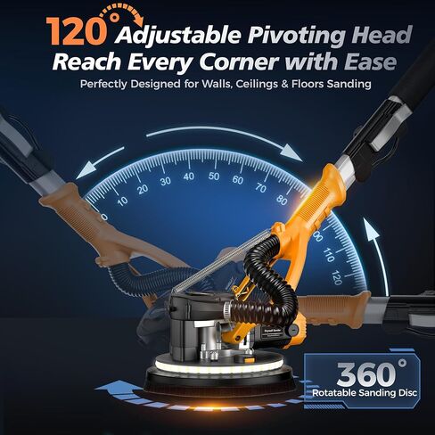 MAKELIFT Drywall Sander with Vacuum Dust Collector, 880W 7.33A Popcorn Ceiling Removal Tool, LED Light, 5 Variable Speed 1000-2100RPM, Foldable & Extendable Handle, 12 Sanding Discs in Kuwait