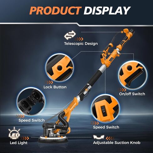 MAKELIFT Drywall Sander with Vacuum Dust Collector, 880W 7.33A Popcorn Ceiling Removal Tool, LED Light, 5 Variable Speed 1000-2100RPM, Foldable & Extendable Handle, 12 Sanding Discs in Kuwait