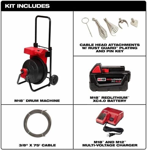 for Milwaukee.r M18™ Drum Machine with 3/8" Cable, Battery-Powered, Clears Drains up to 100', for 1-1/2" - 3" Drain Lines in Kuwait