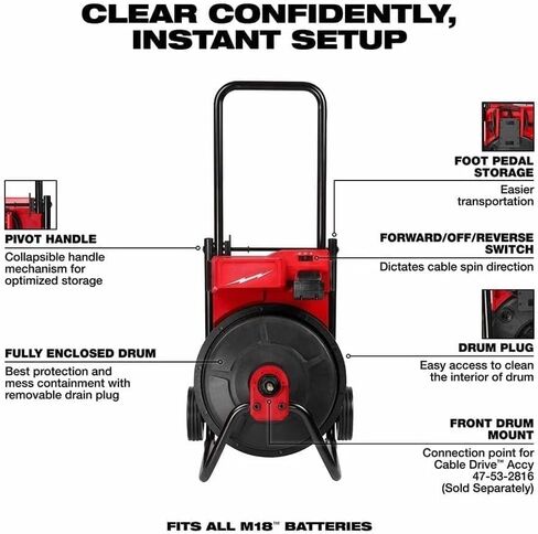 for Milwaukee.r M18™ Drum Machine with 3/8" Cable, Battery-Powered, Clears Drains up to 100', for 1-1/2" - 3" Drain Lines in Kuwait