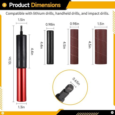 Spindle Sander Drum Set for Power Drill, Hand-Held Rubber Sanding Drum with 10 Pcs Sleeves, Wood Metal Glass Stone Plastic Polishing Tool, 0.98 and 1.5 in Diameters, 0.63 in Quick-Connect Shank in Kuwait