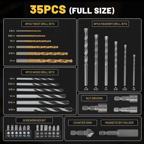 TOLESA 35pcs Drill Bit Set Titanium Coated,HSS combition Twist Driver Bit Set,Screwdriver Bits Set &Countersink & More in Organizer Case for Metal, Wood & Masonry in Kuwait