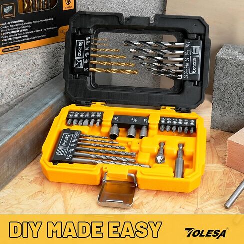 TOLESA 35pcs Drill Bit Set Titanium Coated,HSS combition Twist Driver Bit Set,Screwdriver Bits Set &Countersink & More in Organizer Case for Metal, Wood & Masonry in Kuwait