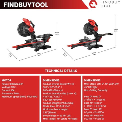 FindBuyTool 10-Inch Sliding Compound Miter Saw, 15-Amp 5500 RPM with 84T Carbide Blade, LED Cut Line, Tall Fence & Extension Bars, Ideal for Crown Molding, Baseboards, and Woodworking Projects in Kuwait