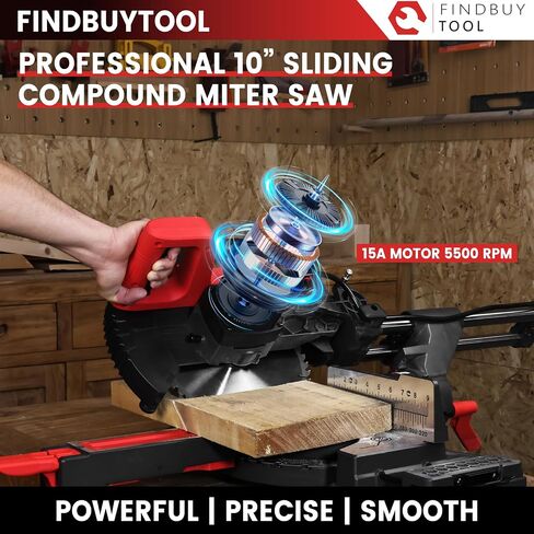 FindBuyTool 10-Inch Sliding Compound Miter Saw, 15-Amp 5500 RPM with 84T Carbide Blade, LED Cut Line, Tall Fence & Extension Bars, Ideal for Crown Molding, Baseboards, and Woodworking Projects in Kuwait