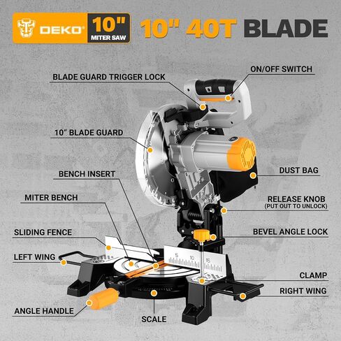 DEKOPRO 10-Inch Compound Miter Saw, 13-Amp Single Bevel Power Miter Saw with Precision Miter Angles, 5,000 RPM, 0-45° Bevel Cut, 40-Tooth Blade, Lightweight Chop Saw for Wood, Plastic, Laminates in Saudi Arabia