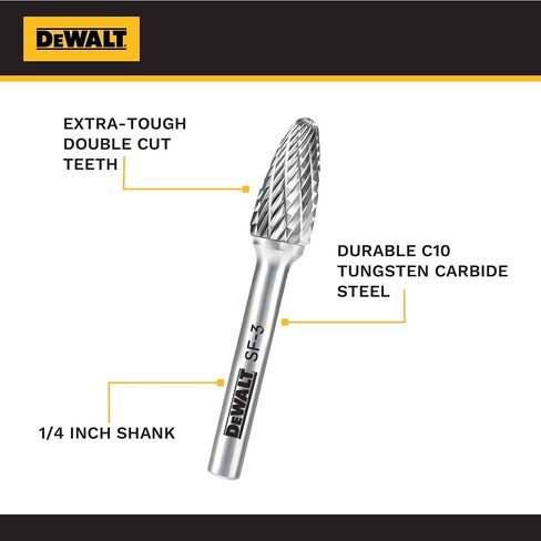 DEWALT DXCBTJSF3-5 SF-3 Tungsten Carbide Burr, 1/4 in Shank, 5-Piece Pack | Five SF-3 tungsten carbide burrs have 1/4 in shanks for metal shaping, deburring, grinding and compatible rotary tool work. in Kuwait