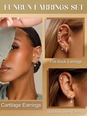 FUNRUN JEWELRY Hypoallergenic Flat Back Earrings for Women-14k Gold Plated Stainless Steel Helix & Cartilage Earrings Stacks,Dainty Hoop Stud Flatback Earring Sets for Multiple Piercing in Saudi Arabia