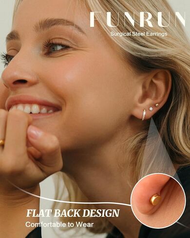 FUNRUN JEWELRY Hypoallergenic Flat Back Earrings for Women-14k Gold Plated Stainless Steel Helix & Cartilage Earrings Stacks,Dainty Hoop Stud Flatback Earring Sets for Multiple Piercing in Saudi Arabia