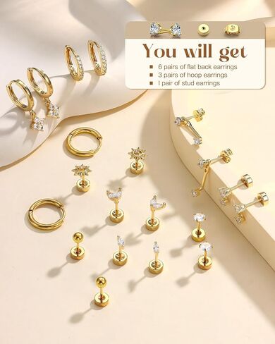 FUNRUN JEWELRY Hypoallergenic Flat Back Earrings for Women-14k Gold Plated Stainless Steel Helix & Cartilage Earrings Stacks,Dainty Hoop Stud Flatback Earring Sets for Multiple Piercing in Saudi Arabia