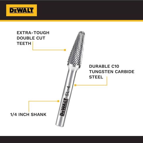 DEWALT DXCBTJSL4-5 SL-4 Tungsten Carbide Burr, 1/4 in Shank, 5-Piece Pack | Five SL-4 tungsten carbide burrs have 1/4 in shanks for metal shaping, deburring, grinding and compatible rotary tool work. in Kuwait