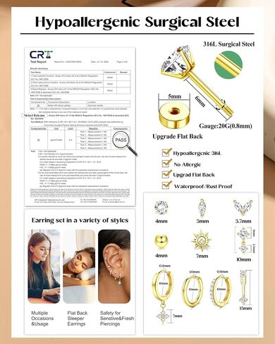 FUNRUN JEWELRY Hypoallergenic Flat Back Earrings for Women-14k Gold Plated Stainless Steel Helix & Cartilage Earrings Stacks,Dainty Hoop Stud Flatback Earring Sets for Multiple Piercing in Saudi Arabia
