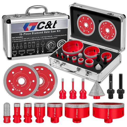 C&T 15-Piece Diamond Hole Saw Kit with 1/4" to 4" Vacuum Brazed Core Drill Bits, Pilot Bit Adapter and Tile Shaping Cone for Porcelain Tile, Ceramic, Granite, Marble, Stone in Kuwait