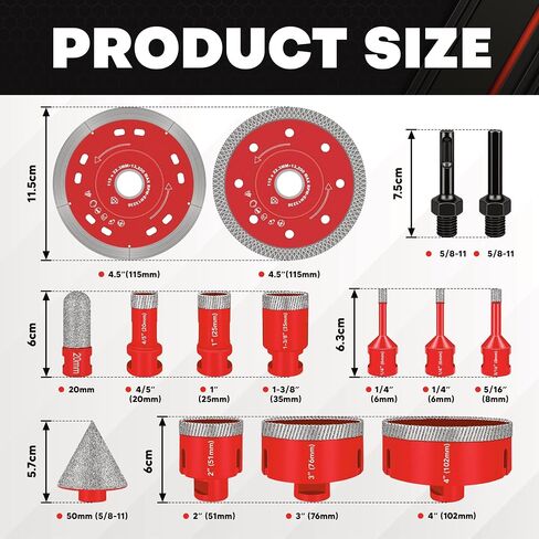 C&T 15-Piece Diamond Hole Saw Kit with 1/4" to 4" Vacuum Brazed Core Drill Bits, Pilot Bit Adapter and Tile Shaping Cone for Porcelain Tile, Ceramic, Granite, Marble, Stone in Kuwait