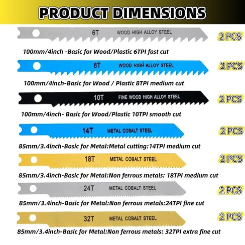 14 PCS U-Shank Jig Saw Blade Set Metal Jigsaw Blades (6T 8T 10T 14T 18T 24T 32T) Fit Vast Majority U Shank Jigsaws for Wood for Wood, Plastic and Metal Cutting in Kuwait