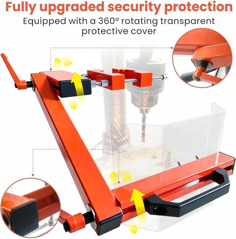 Adjustable Drill Press Guard, Fits 2in-4in Column, Benchtop & Floor Models | Aluminum clamp & extrusion frame,1/4"thick Lexan shield,multi-adjustable,no-drill install,180° flip-up,fits 5"-10" throat in Kuwait