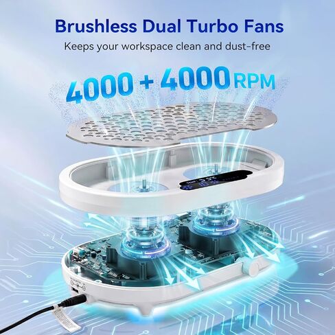 Makartt Nail Dust Collector - 4000RPM Professional Dust Collector Nail Tech Dual Turbo Fan, Brushless 360 Suction, Acrylic Nail Polishing Manicure For Nail Salon & Home 30Pcs Filter Paper& Brush,White in Kuwait