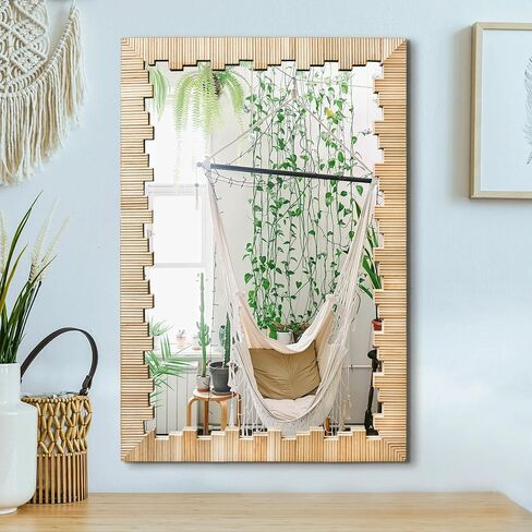 Arched Vanity Mirror for Wall, 36"x24" Boho Rustic Farmhouse Mirror with Beaded Wooden Frame, Decorative Wooden Mirror for Bathroom, Living Room, Entryway, or Bedroom in Saudi Arabia