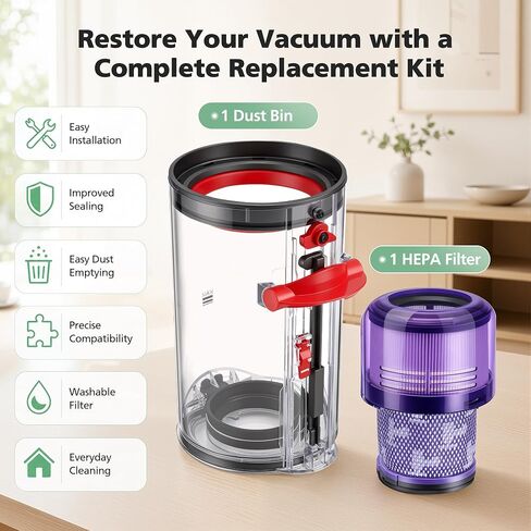 Upgraded Dust Bin Compatible with Dyson V11 V15 SV14 SV15 SV22 Vacuum Cleaner Canister, Vacuum Bin Replacement for Part no. 970050-01 and Part no. 965443-01 with V11/V15 Filter in Kuwait