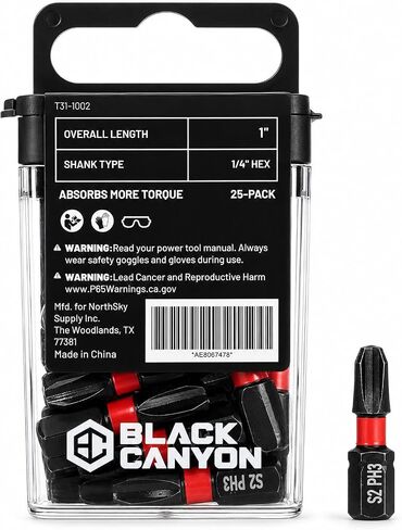BLACK CANYON PH3 Impact Driver Bits, 25-Pack Phillips Screwdriver Bit Set, 1/4" Hex Shank S2 Steel Magnetic Tips, Black Phosphate Coated Power Tool Bits for Impact Drivers and Drills in Kuwait