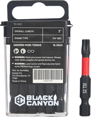 BLACK CANYON T30 Impact Torx Bits, 15-Pack, 2-Inch Length, 1/4-Inch Hex Shank, S2 Steel Construction, Magnetic Tip, Impact Driver Bit Set for Drills, Drivers & Power Tools in Kuwait