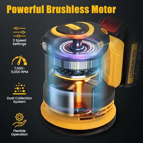 5 Inch Cordless Brushless Random Orbital Sander for Dewalt 20V Battery | 3 Variable Speeds, 7000-11000 RPM, with 15pcs Sandpaper and Dust Collector for Woodworking Polishing (Battery Not Included) in Kuwait