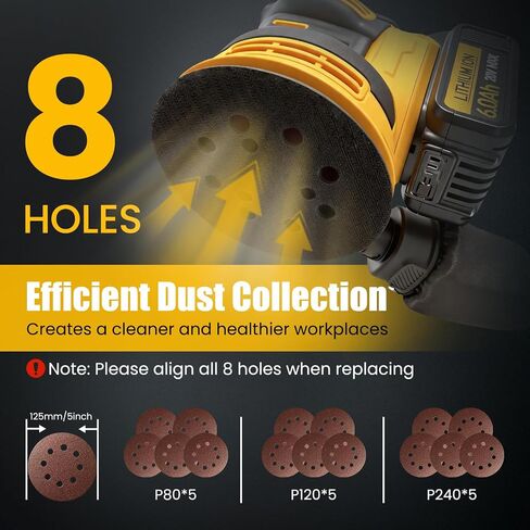 5 Inch Cordless Brushless Random Orbital Sander for Dewalt 20V Battery | 3 Variable Speeds, 7000-11000 RPM, with 15pcs Sandpaper and Dust Collector for Woodworking Polishing (Battery Not Included) in Kuwait