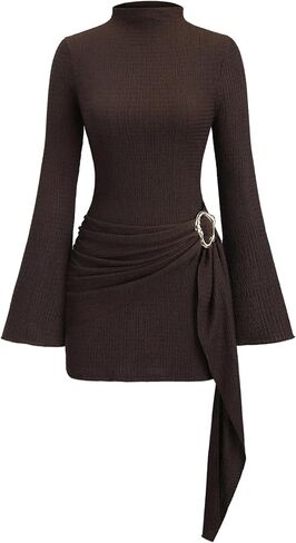 Milumia Women's Textured Mock Neck Metal Cinched Waist Long Bell Sleeve Dress Ruched Bodycon Party Club Mini Dress in Saudi Arabia