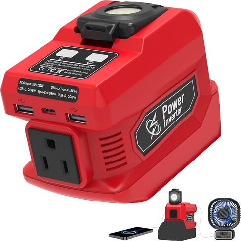 220W Power Inverter Compatible with Dewalt 20V Battery, DC 20V to AC 110V-120V Portable Power Generator, Inverter with 2 USB Ports 1 Type-C 1 AC Outlet, 400 Lumen Light in Kuwait