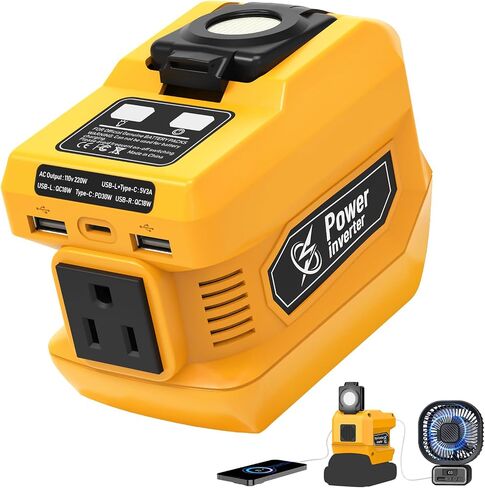 220W Power Inverter Compatible with Dewalt 20V Battery | DC 20V to AC 110V-120V Portable Power Generator, Inverter with 2 USB Ports &1 Type-C &1 AC Outlet, 400 Lumen LED Light in Saudi Arabia