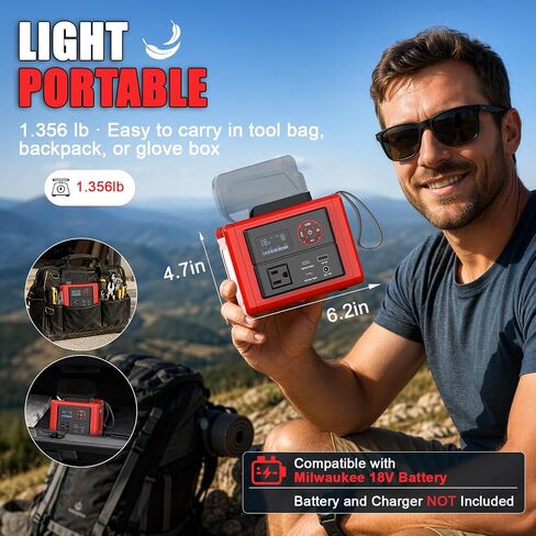 LIVOWALNY 350W Portable Power Inverter Compatible with Milwaukee 18V Battery(Tool Only), Compact Station: 2x70W USB-C PD, AC, USB-A, 12V DC,800lm LED & Display–Camping, Jobsite, Road Trip, Emergency in Kuwait
