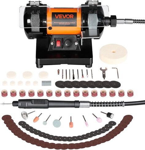 VEVOR Bench Buffer Polisher, 8300-10600 RPM Adjustable Speed, Polishing & Buffing Machine with Grinding, Fiber, and Wool Wheels, 100-Piece Accessory Kit, for Jewelry, Wood, Metal, Raw Stone, Jade DIY in Kuwait