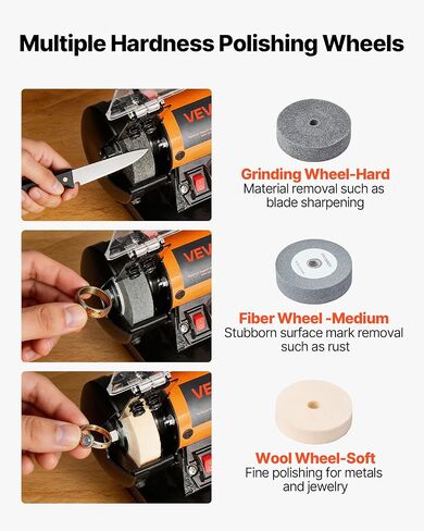 VEVOR Bench Buffer Polisher, 8300-10600 RPM Adjustable Speed, Polishing & Buffing Machine with Grinding, Fiber, and Wool Wheels, 100-Piece Accessory Kit, for Jewelry, Wood, Metal, Raw Stone, Jade DIY in Kuwait