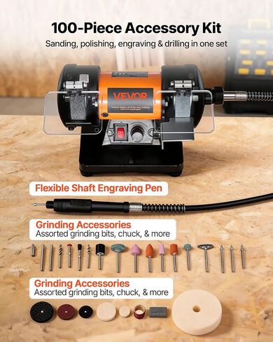 VEVOR Bench Buffer Polisher, 8300-10600 RPM Adjustable Speed, Polishing & Buffing Machine with Grinding, Fiber, and Wool Wheels, 100-Piece Accessory Kit, for Jewelry, Wood, Metal, Raw Stone, Jade DIY in Kuwait