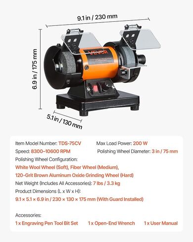 VEVOR Bench Buffer Polisher, 8300-10600 RPM Adjustable Speed, Polishing & Buffing Machine with Grinding, Fiber, and Wool Wheels, 100-Piece Accessory Kit, for Jewelry, Wood, Metal, Raw Stone, Jade DIY in Kuwait
