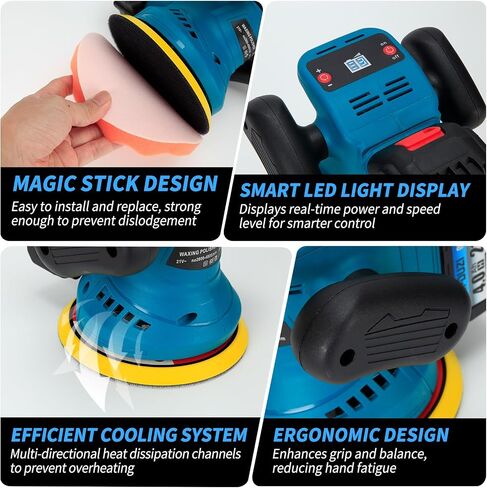 6 Inch Cordless Car Buffer Polisher Kit, 21V Pulidora Inalambrica With 2x4.0Ah Batteries, 18PCS Attachments & LED Display, Random Orbital for Car Detailing, Waxing, Scratch Removing in Kuwait