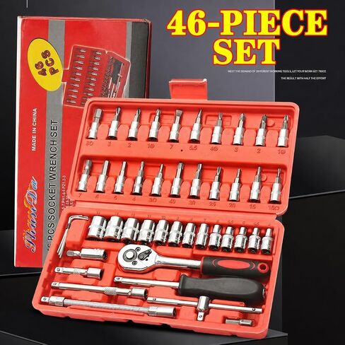 46-Piece Socket Wrench Set, 1/4-Inch Drive Ratchet Socket Set with Metric Sockets, Extension Bars, Screwdriver Bits & Carry Case, Home Auto Repair Tool Kit in Kuwait