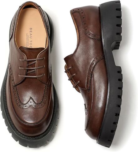 BEAU TODAY Women's Platform Oxfords, Genuine Leather Brogue Wingtip Oxfords for Women, Chunky Lug Sole Lace Up Dress Shoes, Comfortable Retro Office Work Casual Ladies Shoes in Kuwait