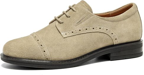 BEAU TODAY Suede Leather Oxford Shoes for Women Lace-Up Brogue Flats | Leather lining and insole, wingtip brogue details, round toe, low block heel, rubber outsole for work and daily wear in Kuwait