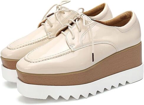 TOSOFT Women 8cm High Heel Wedge Leather Oxfords Lace Up Height Increasing Sneakers Thick Heel Flat Platform Loafers Shoes in Kuwait