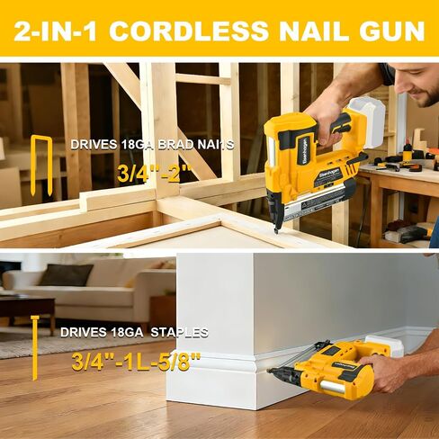 Cordless 2" Brad Nailer Compatible with Dewalt 20V Battery (No Battery and Charger), 2-in-1 Electric Nail Gun, 20V Staple Gun Battery Powered with 1000 Nails for Woodworking & Home in Kuwait
